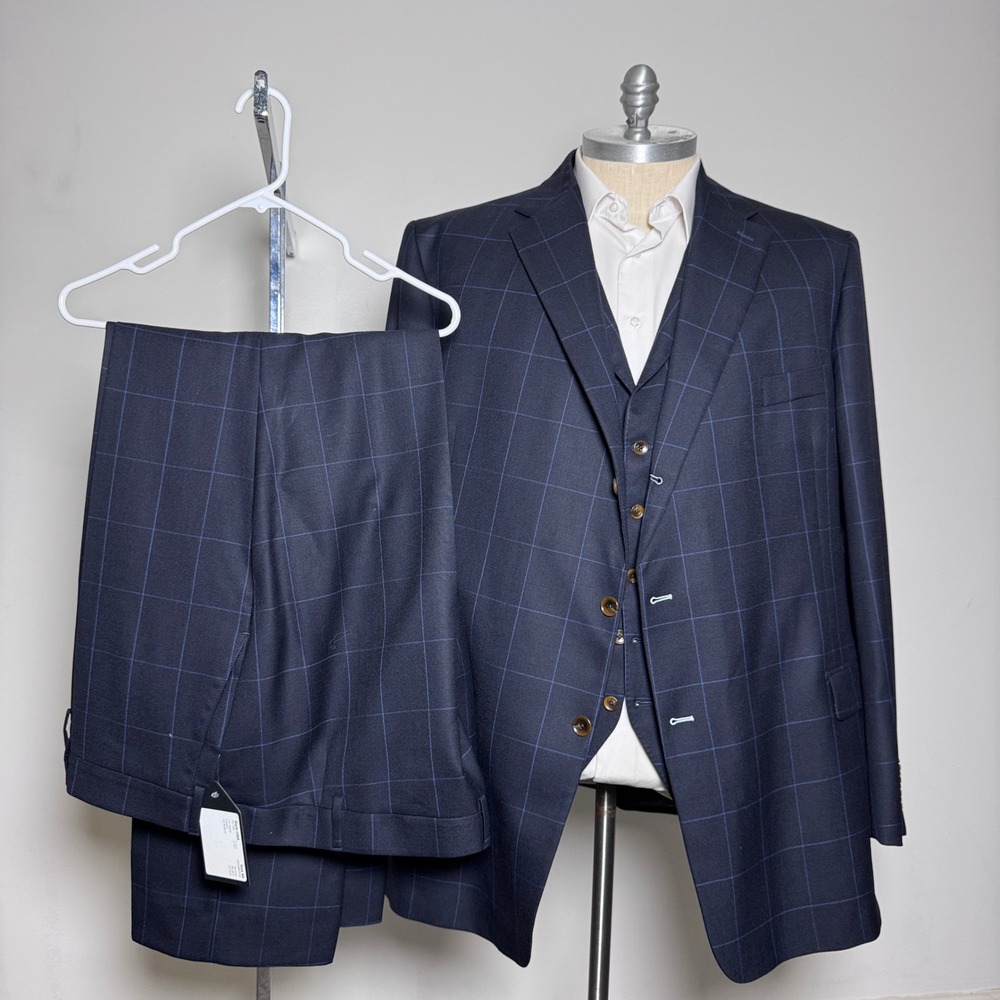 Custom Tailored 3-Piece Suit Mens 54L 50x34 Blue Windowpane Worsted Wool England